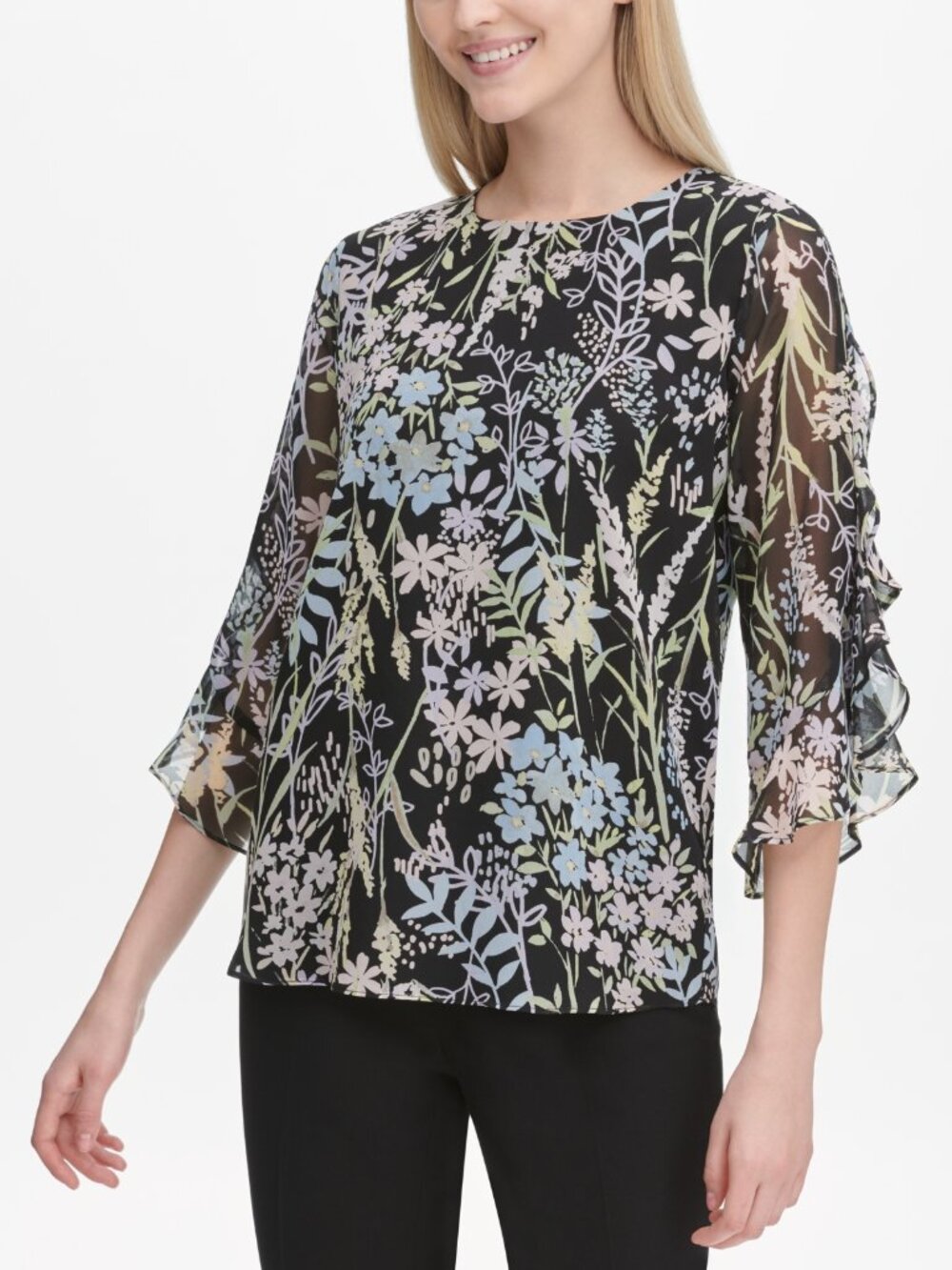 NWT Calvin Klein Women Size XL Dark Floral Print Ruffled Sleeve Pullover Top NEW